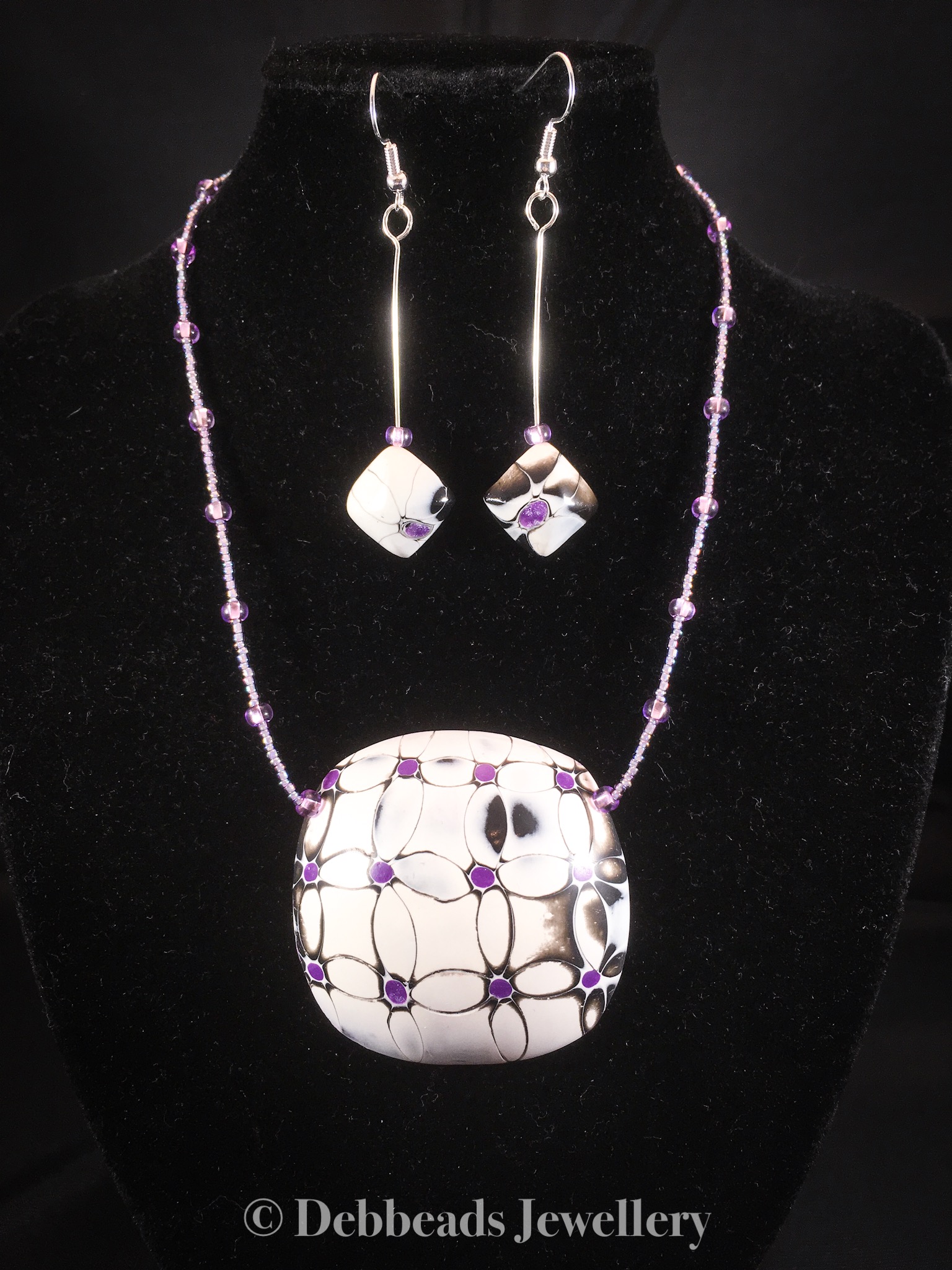 Black, white and purple mokume gane flower necklace - set