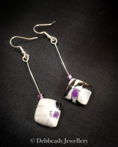 Black, white and purple mokume gane flower drop earrings